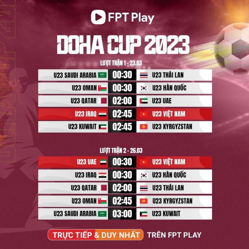 Lịch thi đấu U23 Việt Nam tại Doha Cup 2023